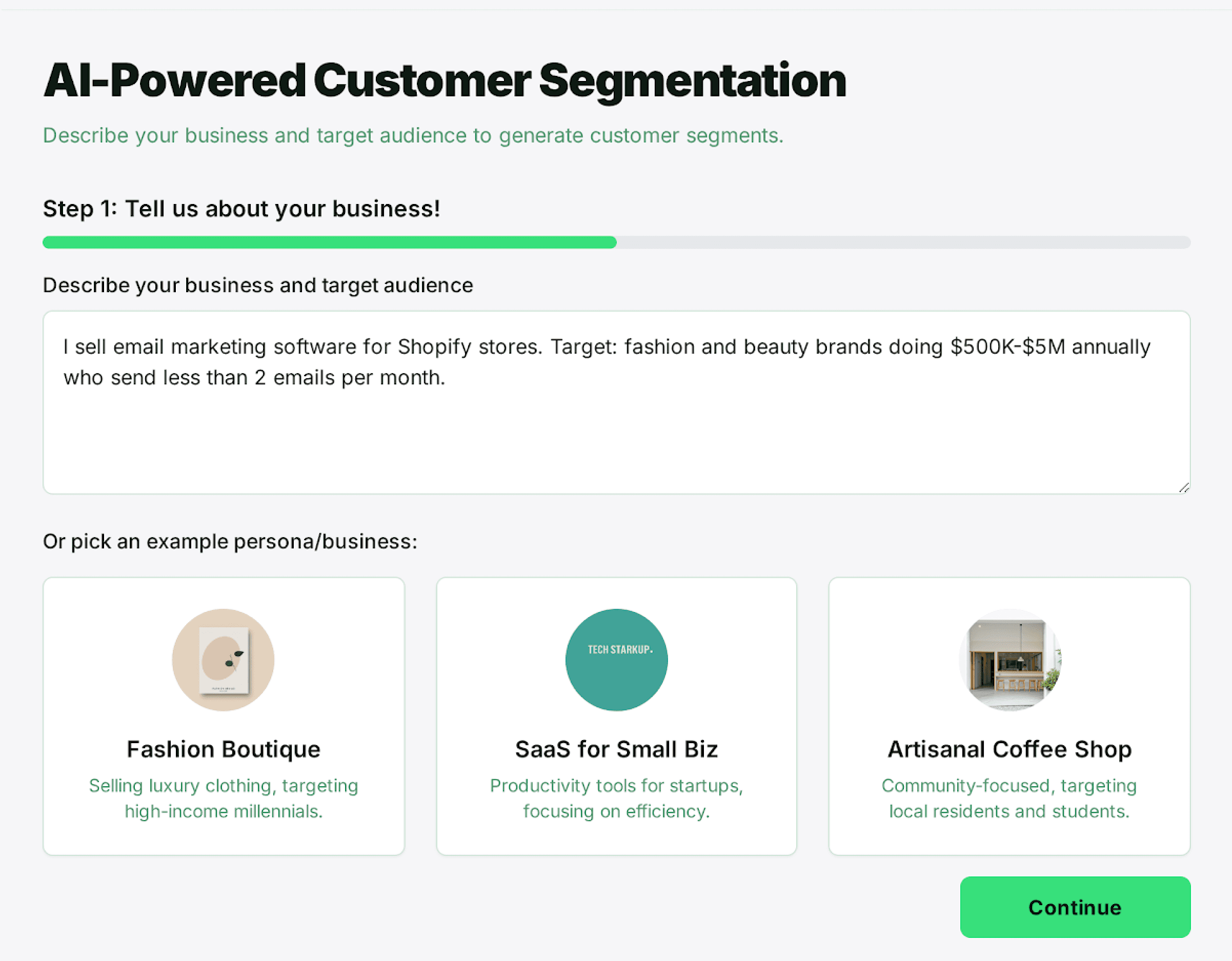 Simple form interface showing 'Tell us about your business' with website URL input and conversational questions