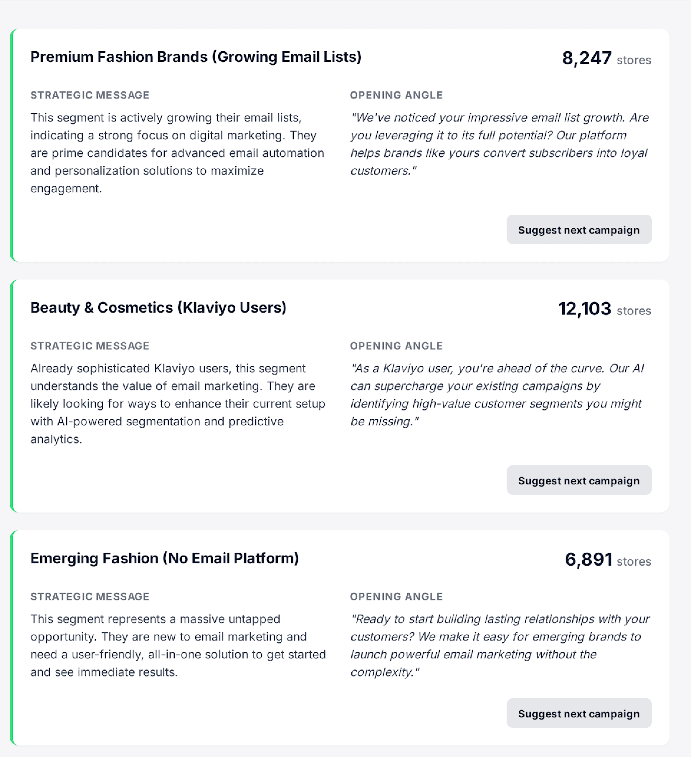 Segment card showing: 'Growing DTC Beauty Brands (CA/NY)' with thesis, messaging examples, and export button